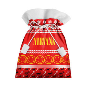 Подарочный 3D мешок с принтом Праздничный Nirvana в Тюмени, 100% полиэстер | Размер: 29*39 см | Тематика изображения на принте: cobain | kurt | nirvana | альтернативный | гранж | группа | дональд | знак | кобейн | красный | курт | музыка | музыкант | надпись | нервана | нирвана | новогодний | новоселич | новый год | певец | праздник