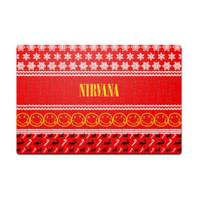 Пазл магнитный 126 элементов с принтом Праздничный Nirvana в Тюмени, полимерный материал с магнитным слоем | 126 деталей, размер изделия —  180*270 мм | Тематика изображения на принте: cobain | kurt | nirvana | альтернативный | гранж | группа | дональд | знак | кобейн | красный | курт | музыка | музыкант | надпись | нервана | нирвана | новогодний | новоселич | новый год | певец | праздник