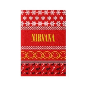 Обложка для паспорта матовая кожа с принтом Праздничный Nirvana в Тюмени, натуральная матовая кожа | размер 19,3 х 13,7 см; прозрачные пластиковые крепления | cobain | kurt | nirvana | альтернативный | гранж | группа | дональд | знак | кобейн | красный | курт | музыка | музыкант | надпись | нервана | нирвана | новогодний | новоселич | новый год | певец | праздник