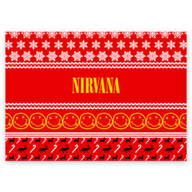 Поздравительная открытка с принтом Праздничный Nirvana в Тюмени, 100% бумага | плотность бумаги 280 г/м2, матовая, на обратной стороне линовка и место для марки
 | Тематика изображения на принте: cobain | kurt | nirvana | альтернативный | гранж | группа | дональд | знак | кобейн | красный | курт | музыка | музыкант | надпись | нервана | нирвана | новогодний | новоселич | новый год | певец | праздник