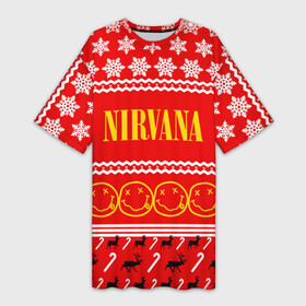 Платье-футболка 3D с принтом Праздничный Nirvana в Тюмени,  |  | cobain | kurt | nirvana | альтернативный | гранж | группа | дональд | знак | кобейн | красный | курт | музыка | музыкант | надпись | нервана | нирвана | новогодний | новоселич | новый год | певец | праздник