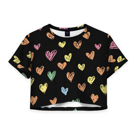 Женская футболка 3D укороченная с принтом Разноцветные сердечки в Тюмени, 100% полиэстер | круглая горловина, длина футболки до линии талии, рукава с отворотами | 14 | love | валентин | губы | день | любовь | подарок | поцелуй | сердце | страсть | февраль