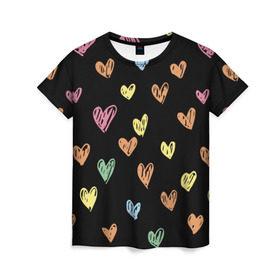 Женская футболка 3D с принтом Разноцветные сердечки в Тюмени, 100% полиэфир ( синтетическое хлопкоподобное полотно) | прямой крой, круглый вырез горловины, длина до линии бедер | 14 | love | валентин | губы | день | любовь | подарок | поцелуй | сердце | страсть | февраль