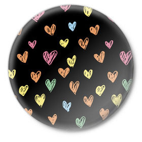 Значок с принтом Разноцветные сердечки в Тюмени,  металл | круглая форма, металлическая застежка в виде булавки | 14 | love | валентин | губы | день | любовь | подарок | поцелуй | сердце | страсть | февраль