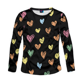 Женский лонгслив 3D с принтом Разноцветные сердечки в Тюмени, 100% полиэстер | длинные рукава, круглый вырез горловины, полуприлегающий силуэт | 14 | love | валентин | губы | день | любовь | подарок | поцелуй | сердце | страсть | февраль