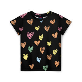 Детская футболка 3D с принтом Разноцветные сердечки в Тюмени, 100% гипоаллергенный полиэфир | прямой крой, круглый вырез горловины, длина до линии бедер, чуть спущенное плечо, ткань немного тянется | 14 | love | валентин | губы | день | любовь | подарок | поцелуй | сердце | страсть | февраль