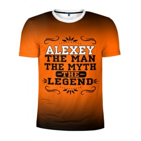 Мужская футболка 3D спортивная с принтом Алексей в Тюмени, 100% полиэстер с улучшенными характеристиками | приталенный силуэт, круглая горловина, широкие плечи, сужается к линии бедра | legend | name | names | with name | алексей | имена | именная | именные | имя | легенда | леша | с именем | эмблема