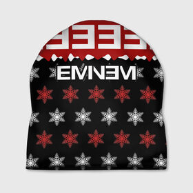 Шапка 3D с принтом Праздничный Eminem в Тюмени, 100% полиэстер | универсальный размер, печать по всей поверхности изделия | hip hop | hiphop | mc | rap | брюс | еменем | еминем | зачитал | знак | красный | маршалл | мс | мэтерс | надпись | новогодний | новый год | праздник | реп | репер | речитатив | рождество | рэп | рэпер | снежинки | хип