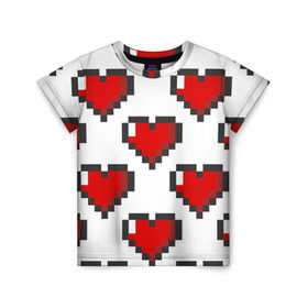 Детская футболка 3D с принтом Пиксельные сердечки в Тюмени, 100% гипоаллергенный полиэфир | прямой крой, круглый вырез горловины, длина до линии бедер, чуть спущенное плечо, ткань немного тянется | Тематика изображения на принте: 14 | love | валентин | губы | день | любовь | подарок | поцелуй | сердце | страсть | февраль