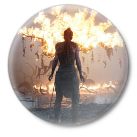 Значок с принтом HellBlade в Тюмени,  металл | круглая форма, металлическая застежка в виде булавки | game | hell blade | insane | insanity | senua | senuas sacrifice | viking | блейд | блэйд | сенуа | хелл | хэлл