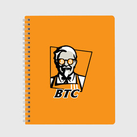 Тетрадь с принтом BITCOIN в стиле KFC в Тюмени, 100% бумага | 48 листов, плотность листов — 60 г/м2, плотность картонной обложки — 250 г/м2. Листы скреплены сбоку удобной пружинной спиралью. Уголки страниц и обложки скругленные. Цвет линий — светло-серый
 | bitcoin | btc | crypto | kfc | биткоин | валюта | деньги | криптовалюта | цифровое золото