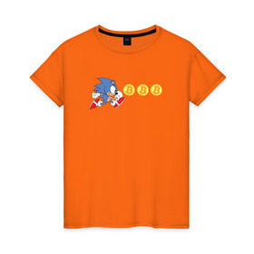 Женская футболка хлопок с принтом Соник в Тюмени, 100% хлопок | прямой крой, круглый вырез горловины, длина до линии бедер, слегка спущенное плечо | bitcoin | sonic | биткоин | деньги | соник