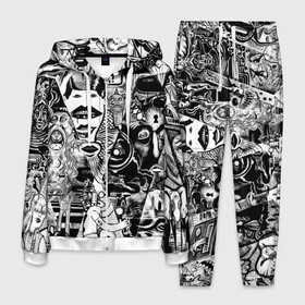 Мужской костюм 3D с принтом Стикербомбинг NEW искусство в Тюмени, 100% полиэстер | Манжеты и пояс оформлены тканевой резинкой, двухслойный капюшон со шнурком для регулировки, карманы спереди | искусство | стикер | стикербомбинг | чб | чернобелый