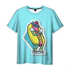 Мужская футболка 3D с принтом Хот-Дог в Тюмени, 100% полиэфир | прямой крой, круглый вырез горловины, длина до линии бедер | Тематика изображения на принте: 90s style | food | hot dog | pop art | style | еда | поп арт | стиль 90 х | хот дог