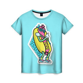 Женская футболка 3D с принтом Хот-Дог в Тюмени, 100% полиэфир ( синтетическое хлопкоподобное полотно) | прямой крой, круглый вырез горловины, длина до линии бедер | 90s style | food | hot dog | pop art | style | еда | поп арт | стиль 90 х | хот дог