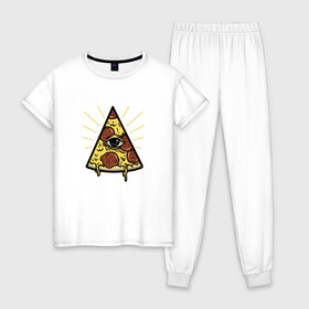 Женская пижама хлопок с принтом Божественная пицца в Тюмени, 100% хлопок | брюки и футболка прямого кроя, без карманов, на брюках мягкая резинка на поясе и по низу штанин | вкусняшка | глаз | еда | пицца | фаст фуд | хавчик