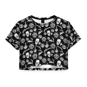 Женская футболка 3D укороченная с принтом Pirates Pattern в Тюмени, 100% полиэстер | круглая горловина, длина футболки до линии талии, рукава с отворотами | паттерн | пиратский | пираты | черно белый