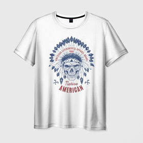 Мужская футболка 3D с принтом Native American в Тюмени, 100% полиэфир | прямой крой, круглый вырез горловины, длина до линии бедер | america | chieftain | feathers | indian | native american | skeleton | skull | tattoo | америка | американец | вождь | индеец | перья | скелет | тату | череп