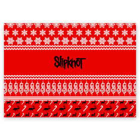 Поздравительная открытка с принтом Праздничный Slipknot в Тюмени, 100% бумага | плотность бумаги 280 г/м2, матовая, на обратной стороне линовка и место для марки
 | slipknot | альтернативный | грув | кори тейлор | красный | крис фен | метал | новогодний | новый год | ню | рождество | рок | слайпкнот | слипкнот | слипнот | снежинки