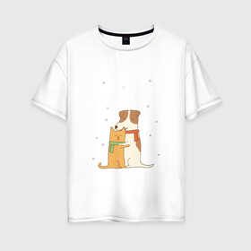 Женская футболка хлопок Oversize с принтом Кот и пес в Тюмени, 100% хлопок | свободный крой, круглый ворот, спущенный рукав, длина до линии бедер
 | год собаки | котик | мемес | москва | новый год | россия | собака