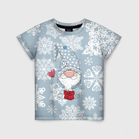 Детская футболка 3D с принтом Милый гномик в Тюмени, 100% гипоаллергенный полиэфир | прямой крой, круглый вырез горловины, длина до линии бедер, чуть спущенное плечо, ткань немного тянется | happy new year | волшебство | гном | гномик | новый год | снег | снежинки