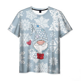 Мужская футболка 3D с принтом Милый гномик в Тюмени, 100% полиэфир | прямой крой, круглый вырез горловины, длина до линии бедер | happy new year | волшебство | гном | гномик | новый год | снег | снежинки