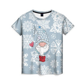 Женская футболка 3D с принтом Милый гномик в Тюмени, 100% полиэфир ( синтетическое хлопкоподобное полотно) | прямой крой, круглый вырез горловины, длина до линии бедер | happy new year | волшебство | гном | гномик | новый год | снег | снежинки