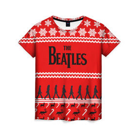 Женская футболка 3D с принтом Праздничный The Beatles в Тюмени, 100% полиэфир ( синтетическое хлопкоподобное полотно) | прямой крой, круглый вырез горловины, длина до линии бедер | beatles | the beatles | бител | битлз | битлс | битлы | группа | джон леннон | джордж харрисон | жуки | знак | красный | ливерпульская четвёрка | мерсибит | надпись | новогодний | новый год | пол маккартни | поп