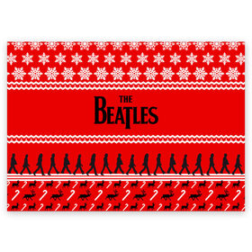 Поздравительная открытка с принтом Праздничный The Beatles в Тюмени, 100% бумага | плотность бумаги 280 г/м2, матовая, на обратной стороне линовка и место для марки
 | Тематика изображения на принте: beatles | the beatles | бител | битлз | битлс | битлы | группа | джон леннон | джордж харрисон | жуки | знак | красный | ливерпульская четвёрка | мерсибит | надпись | новогодний | новый год | пол маккартни | поп