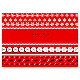 Поздравительная открытка с принтом Праздничный Twenty One Pilots в Тюмени, 100% бумага | плотность бумаги 280 г/м2, матовая, на обратной стороне линовка и место для марки
 | Тематика изображения на принте: 21 pilots | красный | новогодний | рождество | снежинки
