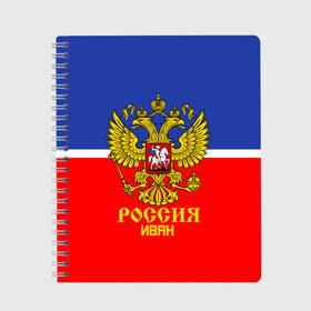 Тетрадь с принтом Хоккеист Иван в Тюмени, 100% бумага | 48 листов, плотность листов — 60 г/м2, плотность картонной обложки — 250 г/м2. Листы скреплены сбоку удобной пружинной спиралью. Уголки страниц и обложки скругленные. Цвет линий — светло-серый
 | Тематика изображения на принте: ваня | герб | россия | форма