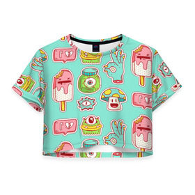 Женская футболка 3D укороченная с принтом Яркие монстрики в Тюмени, 100% полиэстер | круглая горловина, длина футболки до линии талии, рукава с отворотами | глаз | монстр | мороженое | мультик | приведение | розовый | ужасы | улыбка | цветная