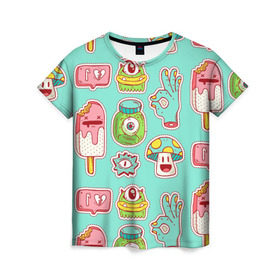 Женская футболка 3D с принтом Яркие монстрики в Тюмени, 100% полиэфир ( синтетическое хлопкоподобное полотно) | прямой крой, круглый вырез горловины, длина до линии бедер | глаз | монстр | мороженое | мультик | приведение | розовый | ужасы | улыбка | цветная