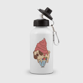 Бутылка спортивная с принтом мопс-мороженое в Тюмени, металл | емкость — 500 мл, в комплекте две пластиковые крышки и карабин для крепления | Тематика изображения на принте: 