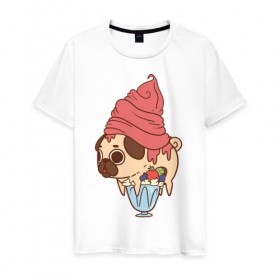 Мужская футболка хлопок с принтом мопс-мороженое в Тюмени, 100% хлопок | прямой крой, круглый вырез горловины, длина до линии бедер, слегка спущенное плечо. | 