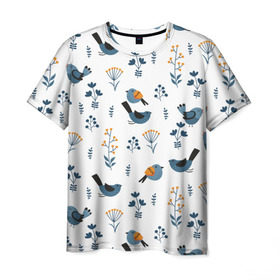 Мужская футболка 3D с принтом Воробушки в Тюмени, 100% полиэфир | прямой крой, круглый вырез горловины, длина до линии бедер | воробей | зяблик | минимализм | паттерн | птицы | цветы | чиж