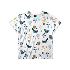 Детская футболка 3D с принтом Воробушки в Тюмени, 100% гипоаллергенный полиэфир | прямой крой, круглый вырез горловины, длина до линии бедер, чуть спущенное плечо, ткань немного тянется | воробей | зяблик | минимализм | паттерн | птицы | цветы | чиж