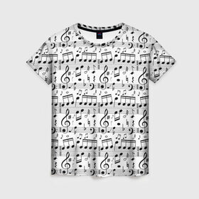 Женская футболка 3D с принтом Нотный стан в Тюмени, 100% полиэфир ( синтетическое хлопкоподобное полотно) | прямой крой, круглый вырез горловины, длина до линии бедер | бемоль | диез | до | ля | ми | ноты | октава | паттерн | ре | си | скрипичный ключ | соль | фа