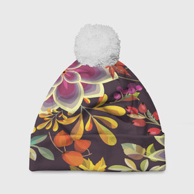 Шапка 3D c помпоном с принтом Осенние мотивы в Тюмени, 100% полиэстер | универсальный размер, печать по всей поверхности изделия | fashion | flower | акварельные цветы | краски | осень | природа | рисованные цветы | розы | цветы