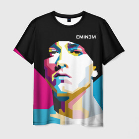 Мужская футболка 3D с принтом Eminem в Тюмени, 100% полиэфир | прямой крой, круглый вырез горловины, длина до линии бедер | actor | american | art | bright | colors | composer | eminem | music | pop | producer | rap | rapper | record | актёр | американский | арт | искусство | композитор | музыка | музыкальный продюсер | поп | рэп | рэпер | цвета | яркие