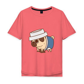 Мужская футболка хлопок Oversize с принтом мопс-кофе в Тюмени, 100% хлопок | свободный крой, круглый ворот, “спинка” длиннее передней части | Тематика изображения на принте: pug | мопс