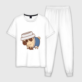 Мужская пижама хлопок с принтом мопс-кофе в Тюмени, 100% хлопок | брюки и футболка прямого кроя, без карманов, на брюках мягкая резинка на поясе и по низу штанин
 | Тематика изображения на принте: pug | мопс