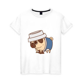 Женская футболка хлопок с принтом мопс-кофе в Тюмени, 100% хлопок | прямой крой, круглый вырез горловины, длина до линии бедер, слегка спущенное плечо | Тематика изображения на принте: pug | мопс