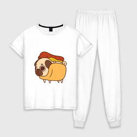 Женская пижама хлопок с принтом мопс-хотдог в Тюмени, 100% хлопок | брюки и футболка прямого кроя, без карманов, на брюках мягкая резинка на поясе и по низу штанин | pug | мопс