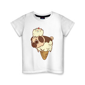 Детская футболка хлопок с принтом мопс-мороженое в Тюмени, 100% хлопок | круглый вырез горловины, полуприлегающий силуэт, длина до линии бедер | Тематика изображения на принте: pug | мопс