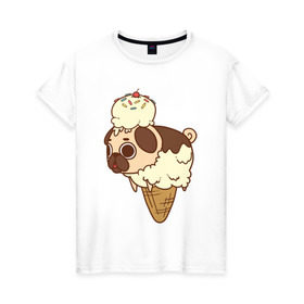 Женская футболка хлопок с принтом мопс-мороженое в Тюмени, 100% хлопок | прямой крой, круглый вырез горловины, длина до линии бедер, слегка спущенное плечо | pug | мопс