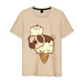 Мужская футболка хлопок с принтом мопс-мороженое в Тюмени, 100% хлопок | прямой крой, круглый вырез горловины, длина до линии бедер, слегка спущенное плечо. | pug | мопс