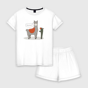 Женская пижама с шортиками хлопок с принтом alpaca-llama в Тюмени, 100% хлопок | футболка прямого кроя, шорты свободные с широкой мягкой резинкой | alpaca | llama | альпака | кактус | лама