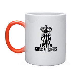 Кружка хамелеон с принтом Keep calm and listen Guns-n-roses в Тюмени, керамика | меняет цвет при нагревании, емкость 330 мл | guns n roses | gunsnroses | ганз н роус | ганзес роус | ганзесроус | ганзнроус | дафф маккаган | диззи рид | мелисса риз | ричард фортус | рок | слэш | франк феррер | эксл роуз