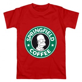 Мужская футболка хлопок с принтом Springfield Coffee в Тюмени, 100% хлопок | прямой крой, круглый вырез горловины, длина до линии бедер, слегка спущенное плечо. | Тематика изображения на принте: homer | simpsons | гомер | лого | спрингфилд | старбакс